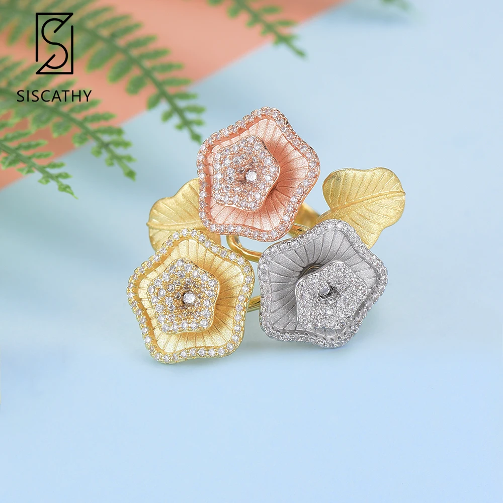 

Siscathy Fashion Dubai Indian Bridal Wedding Flower Jewelry Sets Full Cubic Zirconia Stud Earrings Resizable Ring Jewelry Sets