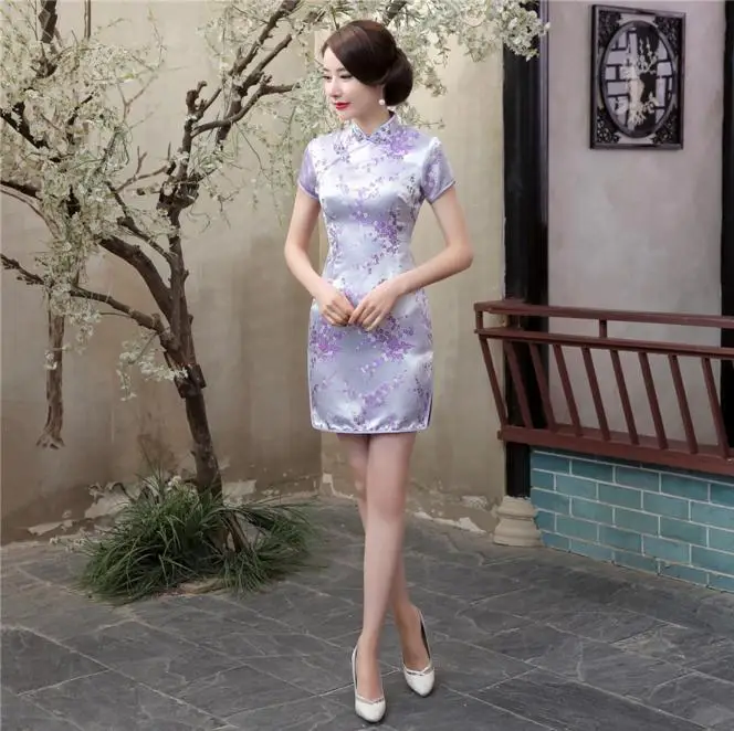 Современный Cheongsam Китайский атласная Qipao Традиционный Короткие Мини Cheongsam сексуальное платье плюс 4XL 5XL 6XL китайский Восточный платья - Цвет: Purple