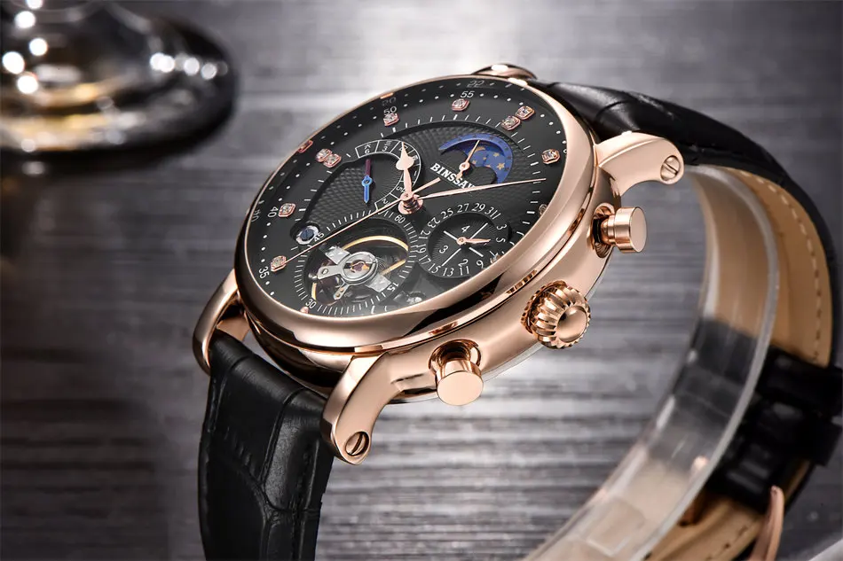 BINSSAW Мужские автоматические механические часы Tourbillon Роскошные модные брендовые Бизнес водонепроницаемые кожаные мужские часы Relogio Masculino