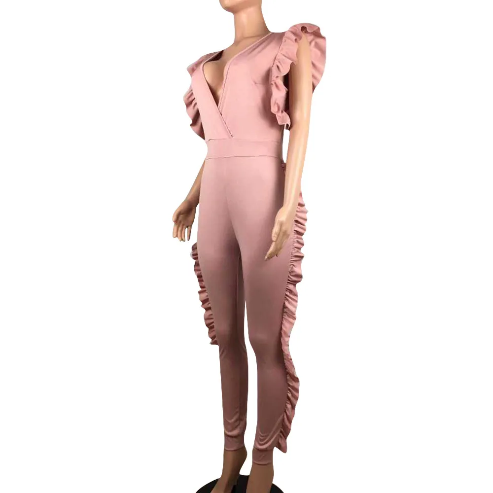 

V Neck Sleeveless Ruffed Jumpsuits Elegant Women Sexy Rompers
