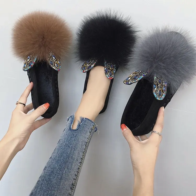 Модные меховые лоферы с закругленным носком для женщин Теплые из флока