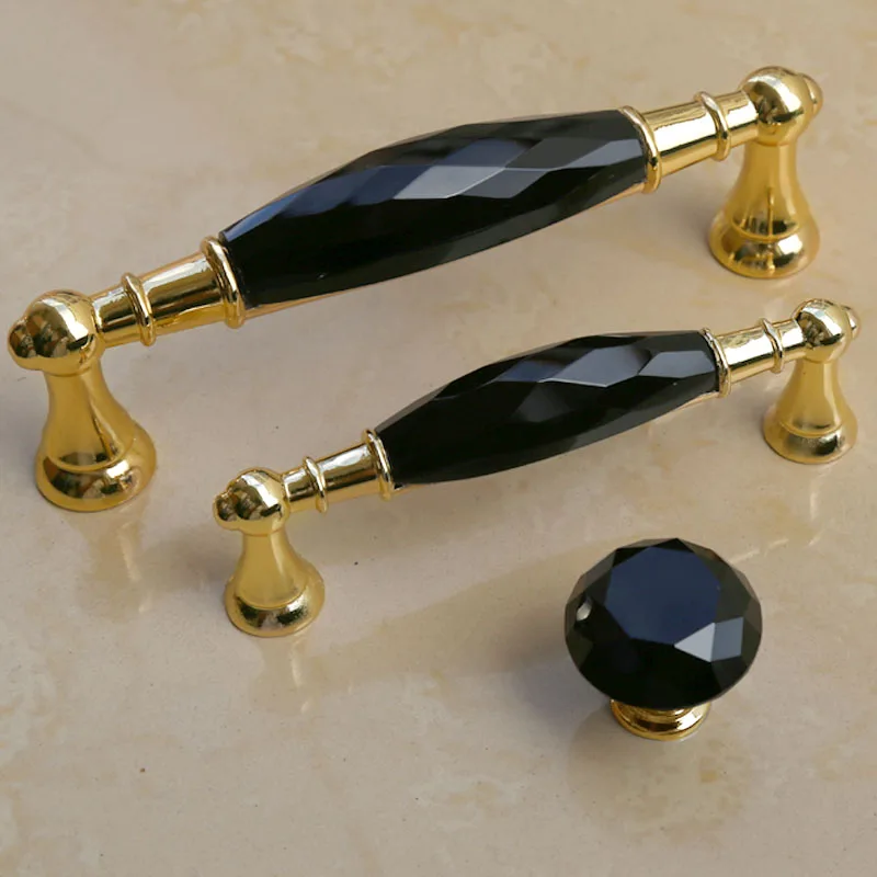 

96mm 128mm modern fashion deluxe k9 Black crystal kitchen cabinet wine cabinet door handles golden drawer tv cabinet knobs pulls