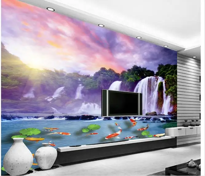 3D alpine flowing waterfall squid lotus leaf TV background wall | Строительство и ремонт