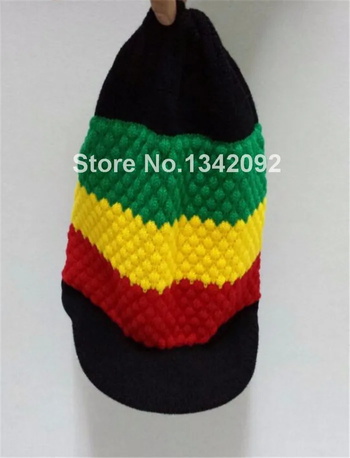 Новая Вязаная шапка с козырьком Rasta Reggae, Jamaica Marley, трехцветная шапка в стиле хиппи, дизайн в стиле пэчворк, черный, желтый, зеленый, красный