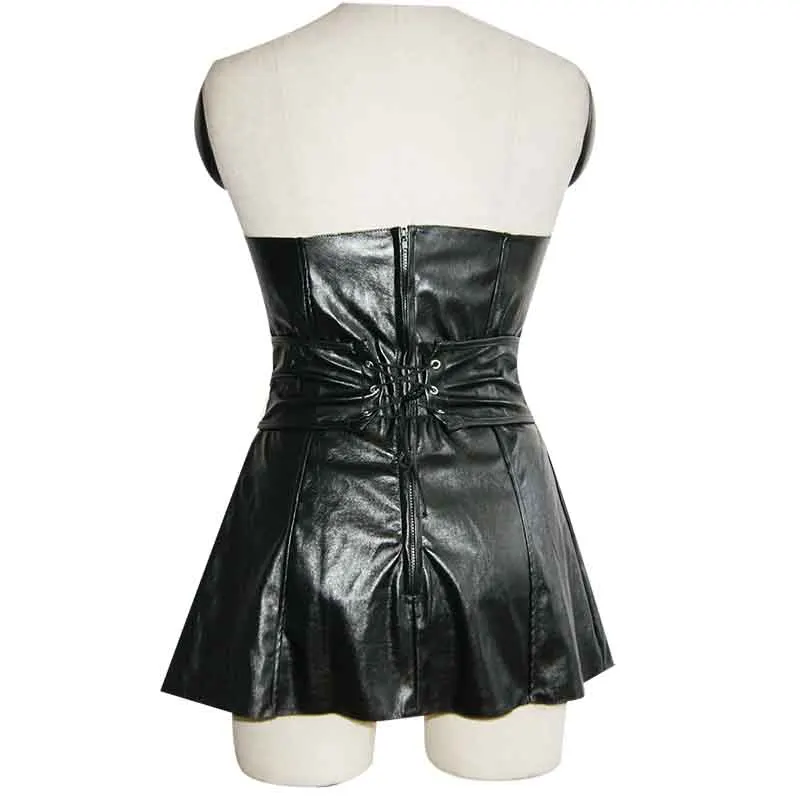 

Sexy Strapless Babydoll Lingerie Erotic Women Black Faux Leather Overbust Corset Dress Plus Size Costume Micro Chemise Underwear