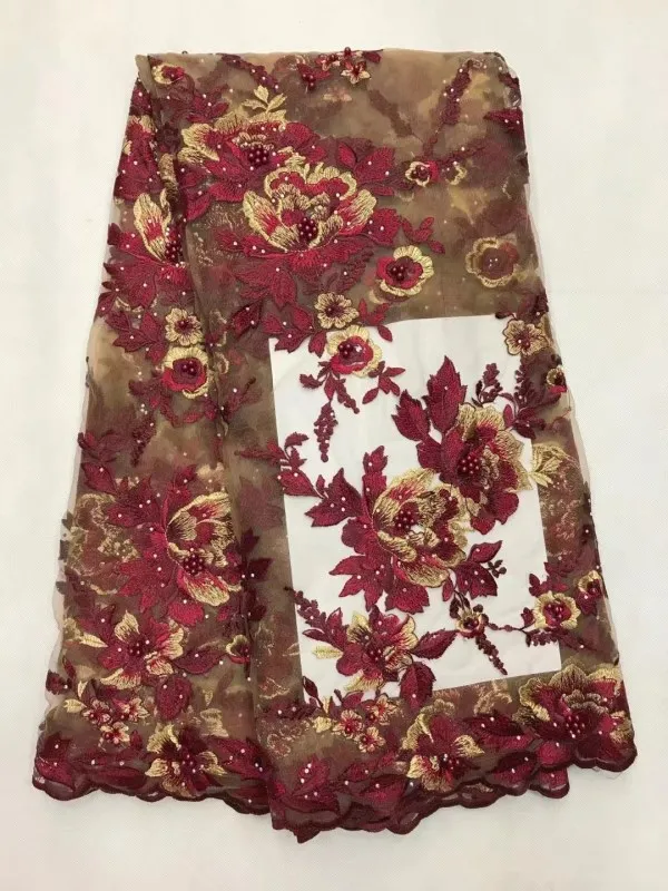 Модные розовые бисером французский газовое платье ткани 5 метров Африканской