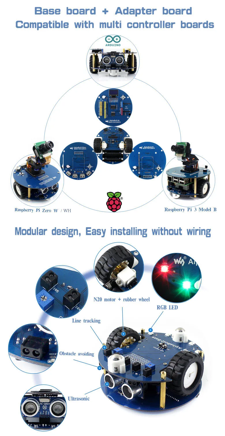 AlphaBot2 робот строительный комплект для Raspberry Pi Zero WH, с контроллером Raspberry Pi Zero WH(встроенный WiFi, предварительно припаянные разъемы