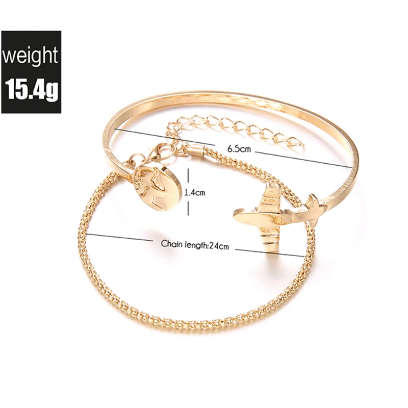 

2 Pcs/Set Bohemian Carving Maps Airplane Pendant Bracelet Chain Gold Adjustable Opening Bracelet Set Female Fashion Jewelry Gift