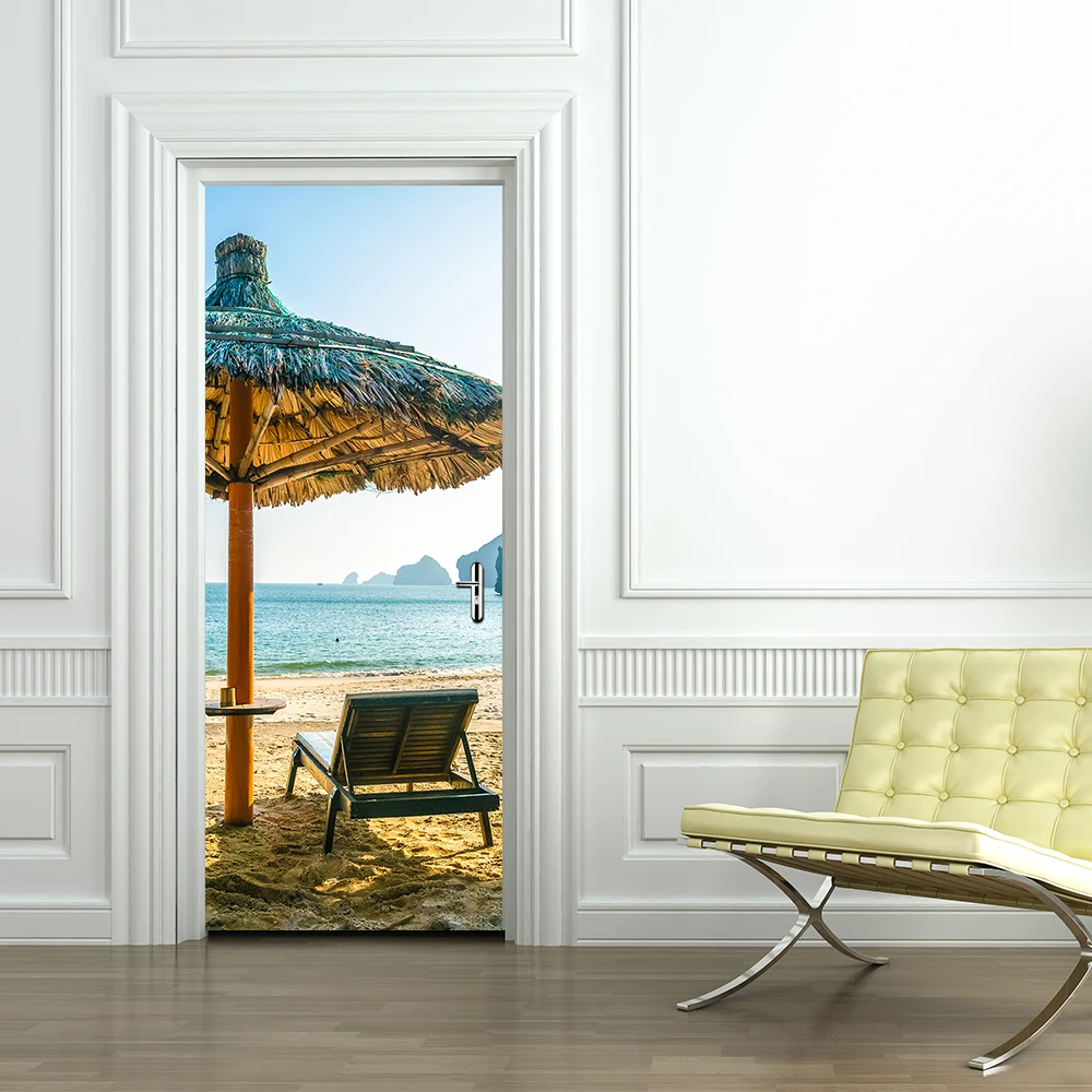 

Beach Umbrellas Door Decoration Removable Door Wall Stickers for living Room PVC Waterproof Door Sticker Murals Home Decor