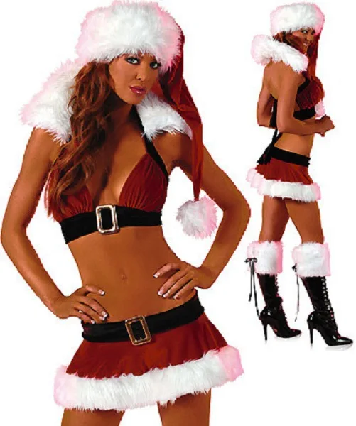 

Sexy sexy lingerie Cosplay role play party performance Sexy Halter Teddy Girls Christmas Costume Hat+Shirt+Skirt A-0458
