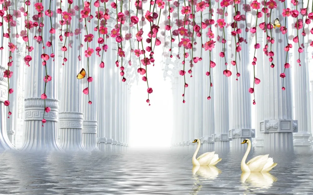 European Luxury 3D Curtains Roman White Swan For Living Room Bedroom Window Treatment Pink Flower Drapes | Дом и сад