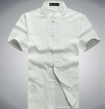 chinese shirt men Sheng Коко китайская рубашка Для мужчин Дракон узор короткий рукав мужской традиционный китайская рубашка белый Tangzhuang ушу Костюмы человек 3XL - Цвет: chinese shirt men