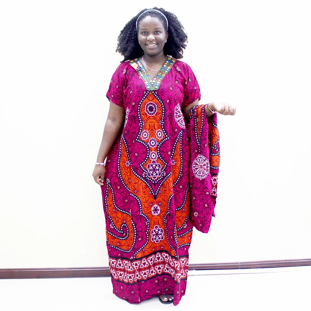 rose red Dashikiage африканские красочные Блестящие Блестки Гана плюс платье с длинным шарфом - Цвет: rose red