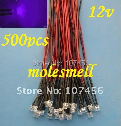 Free shipping 500pcs 5mm Flat Top purple LED Lamp Light Set Pre-Wired 5mm 12V DC Wired 5mm 12v big/wide angle uv/purple led