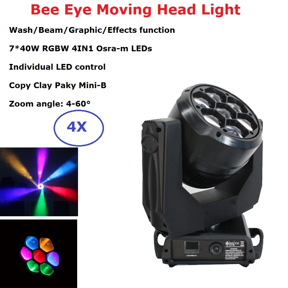 Flight Case Pack 7X40W RGBW LED Moving Head Zoom Light Mini Bee Eye / Clay Paky Zoom Moving Head Wash Beam Effect Dj Equipemnts