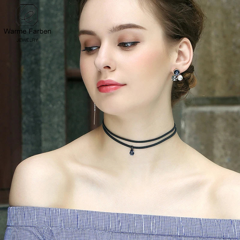 Украшенное кристаллом Swarovski женское ожерелье модное ювелирное изделие подвеска ключица черная двойная цепочка колье ожерелье