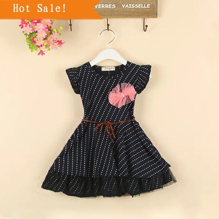 2015 new summer style dress dark blue dots stripe flower girl children clothing vstinus free shipping | Детская одежда и обувь