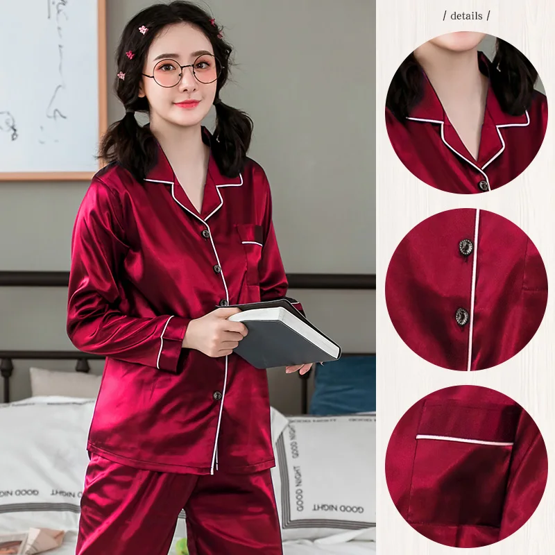 Christmas Red Satin Pajamas Women Plus Size Luxury Home Clothes Solid Long Sleeve Silk Pajama Set Cardigan Autumn | Женская одежда