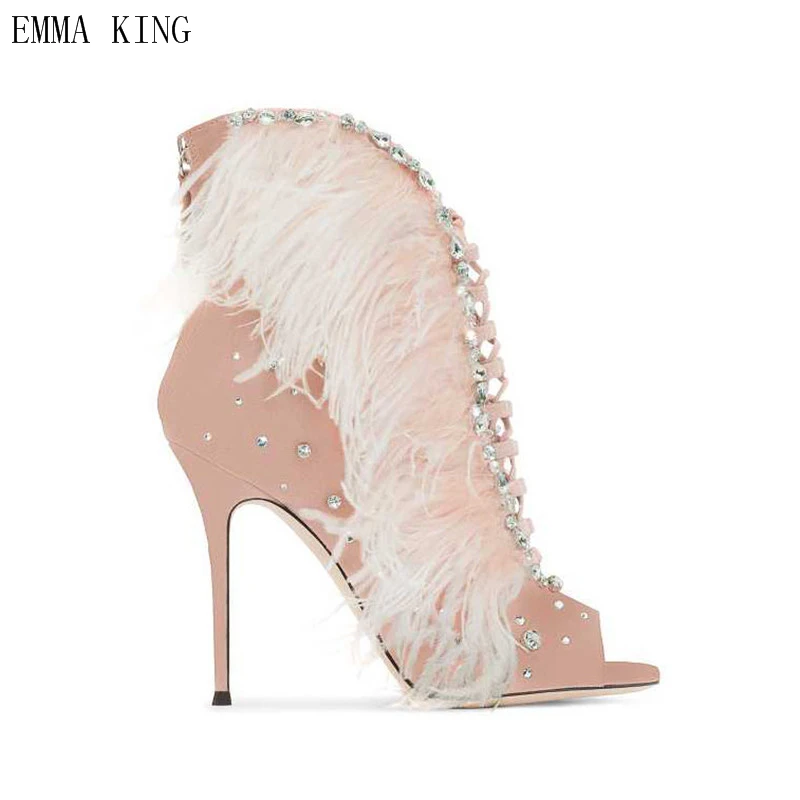 EMMA KING Sexy Feathers Embellished Stiletto Thin High Heels Dress Shoes Woman Luxury Crystal Open Toe Lace Up Sandals Boots | Обувь