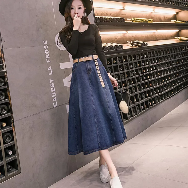 Faldas mujer moda Осенняя модная женская длинная Повседневная джинсовая юбка плюс размер Макси трапециевидная юбка винтажная Джинсовая юбка миди
