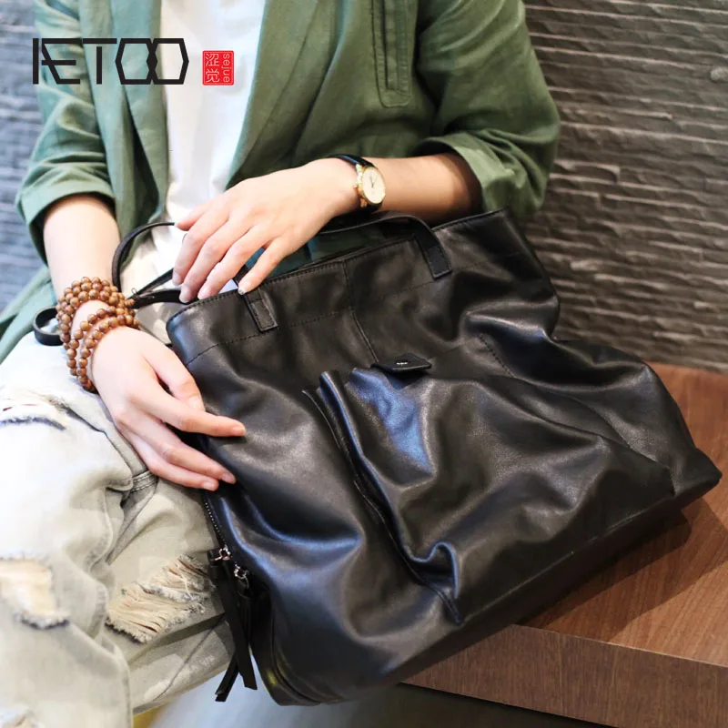 AETOO New Korean black top layer soft cowhide multi-layer women's bag large-capacity shoulder vintage leather tote | Багаж и сумки