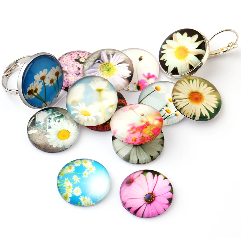 Fashion Beautiful Flower 28pcs mixed 12mm 14mm 16mm 20mm Round Photo Glass Cabochon Demo Flat Back Making Findings