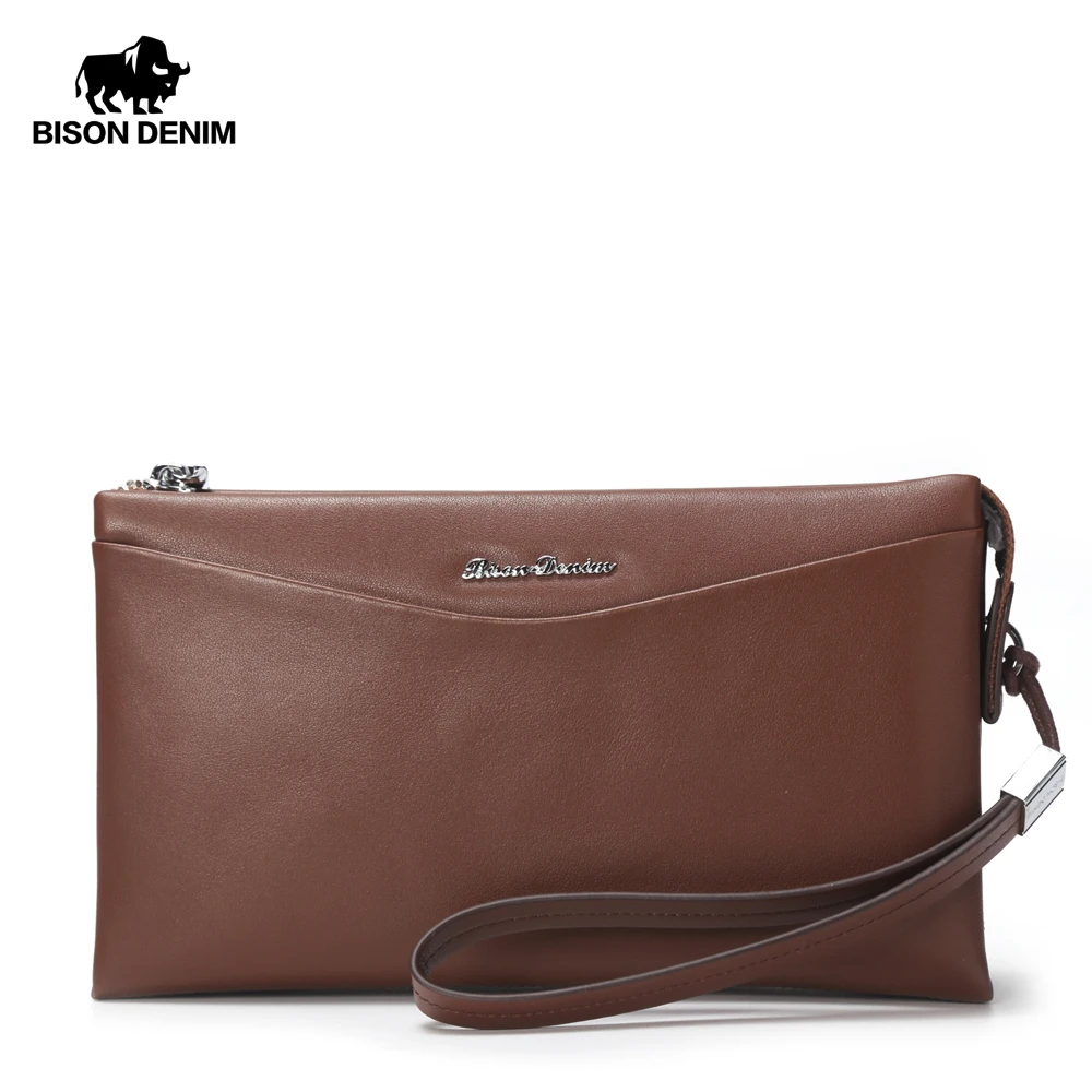 BISON DENIM натуральная кожа мужской клатч кошельки модный кошелек на молнии Длинный