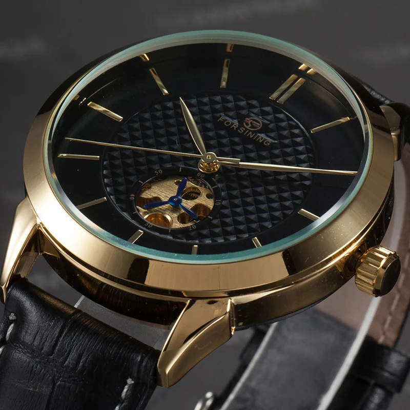 FORSINING Brand Mens Watches Luxury Gold Case Leather Belt Black Dial Auto Mechanical Male Relogio Wristwatches Erkek Kol Saati | Наручные