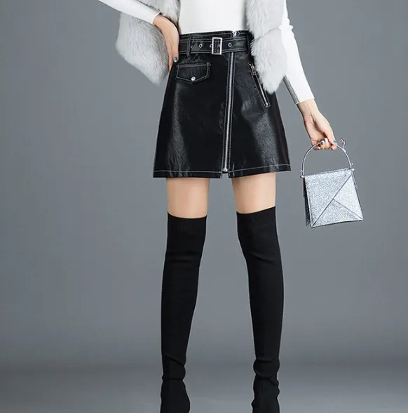 

Cultiseed Women Skirt 2020 Plus Size Skirt Female High Waist Fake Zipper Party Skirt Women Black PU Leather Skirt