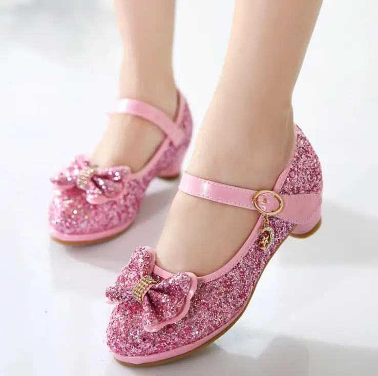 

Princess Kids Leather Shoes For Girls Flower Casual Glitter Children High Heel Butterfly Knot Dress Party Shoes Blue Pink Silvr
