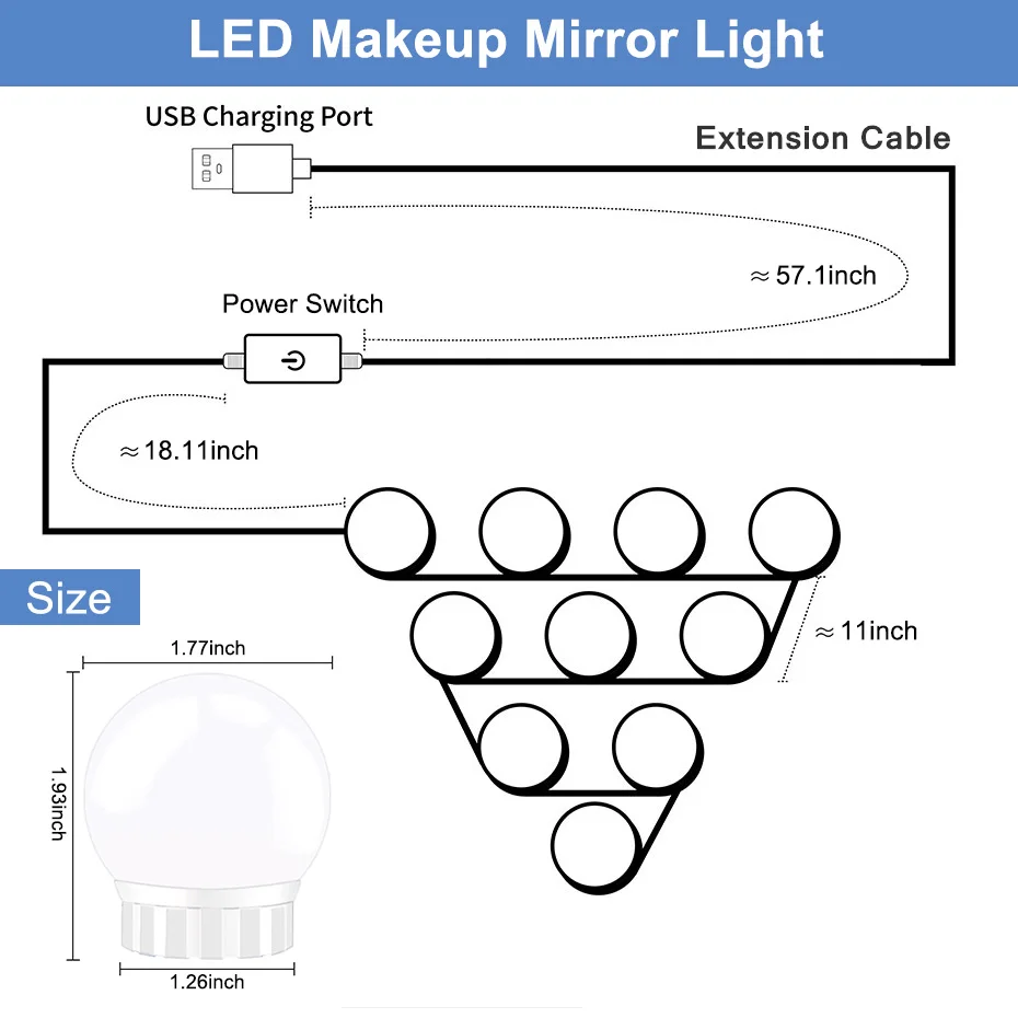 Makeup Mirror Vanity LED Light 2/6/10/14 Bulbs USB Charging Port Cosmetic Make up Mirrors Adjustable Brightness Lights | Лампы и