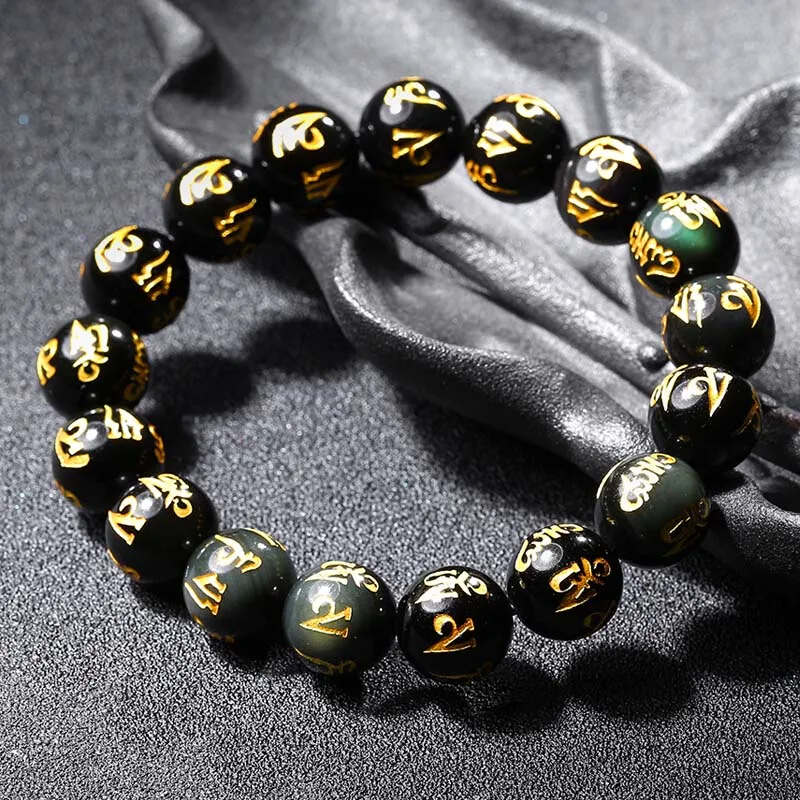 Drop Shipping Natural Obsidian Beads Bracelets Lucky Amulet Six-word Rumor Hot Stampin homme Bracelet For Women Men Gift | Украшения и