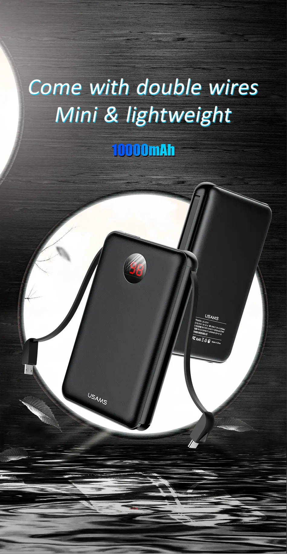 USAMS 10000 мАч светодиодный цифровой mi ni power Bank Внешняя батарея Портативное зарядное устройство power bank type C mi cro кабель для samsung xiaomi mi
