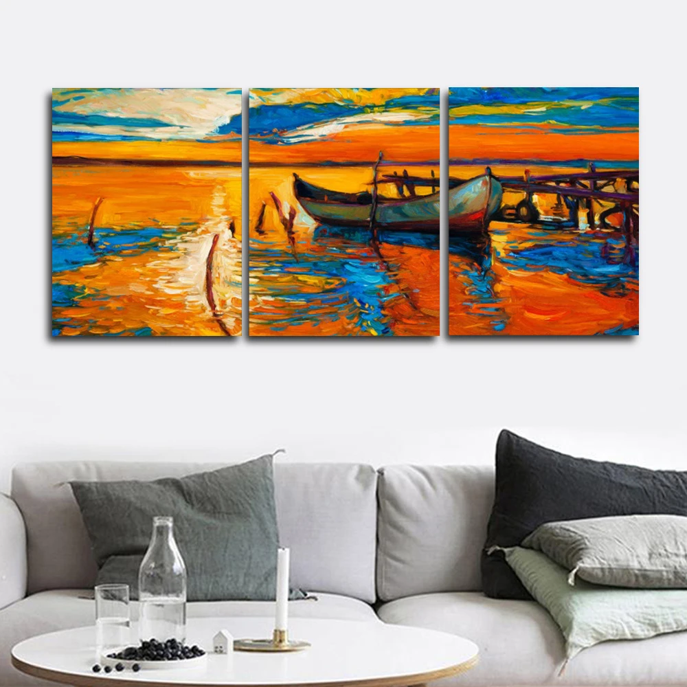 

Laeacco Abstract Sea Sunrise Boat Posters and Prints Nordic Living Room Home Decoration Paint On Canvas Painting Wall Artwork