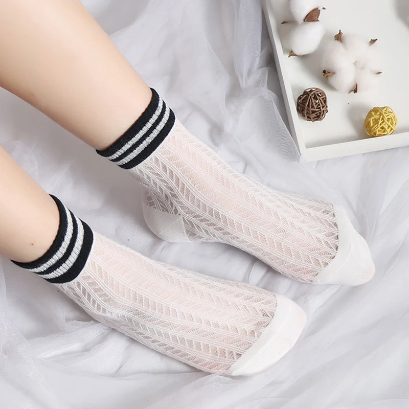 

Spring Summer Women Transparent Casual Socks Female Thin Crystal Glass Silk Striped Fashion Stretch Soft Comfy Elastic Sox