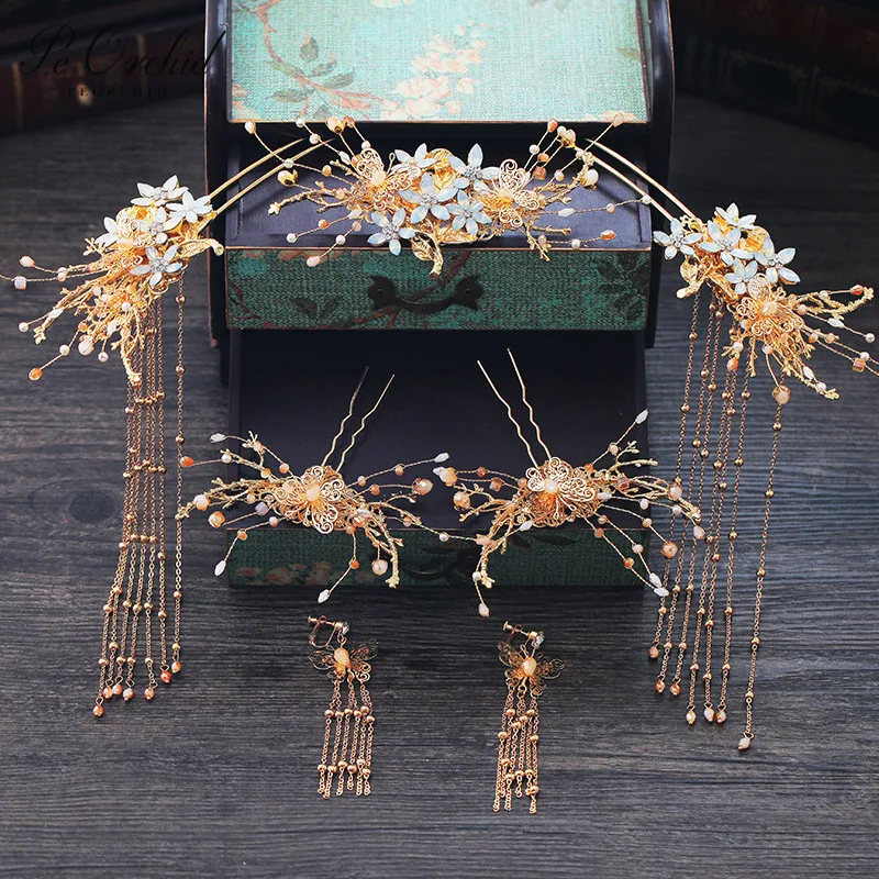 PEORCHID Chinese Bride Hair Jewelry Gold Comb Clip Bridal Pins Flowers Wedding Headdress Ornament Ancient Sticks |