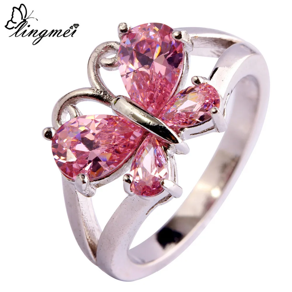 Lingmei сладкий Новинки для женщин Бабочка Дизайн Jewelry Novelt Розовый Мода Серебряный
