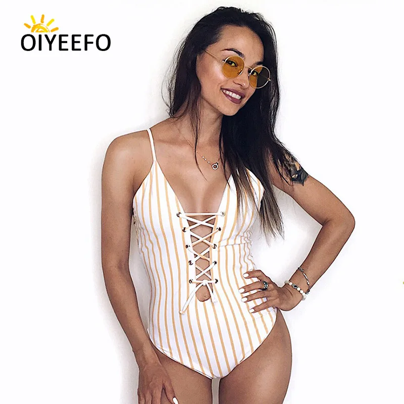 Oiyeefo женский купальный костюм с бретелькой через шею на шнуровке в желтую полоску