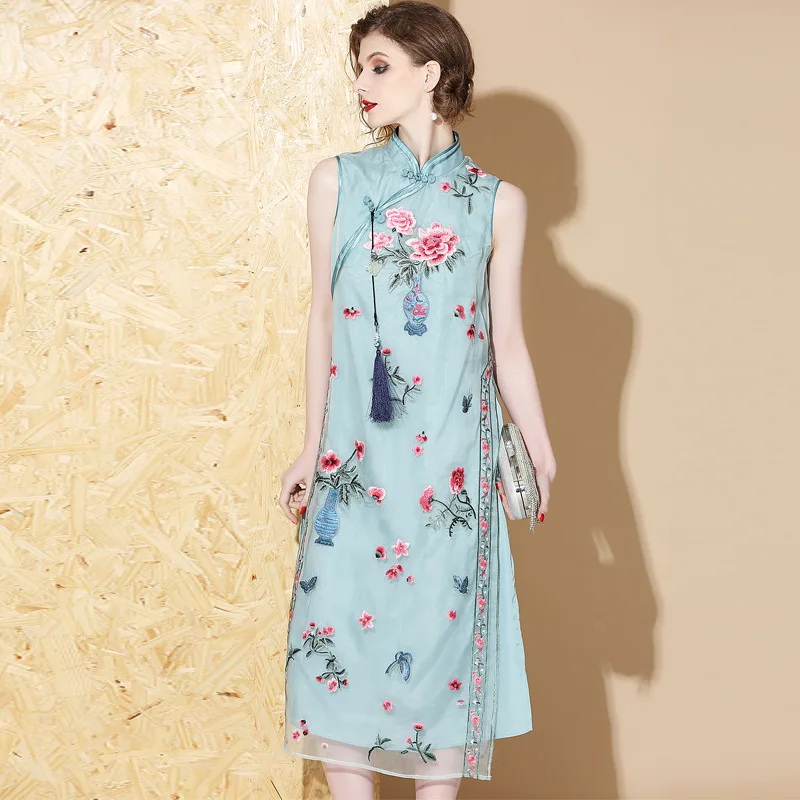 Шелковое платье cheongsam с вышивкой и воротником стойкой супер сказочное мозаичное