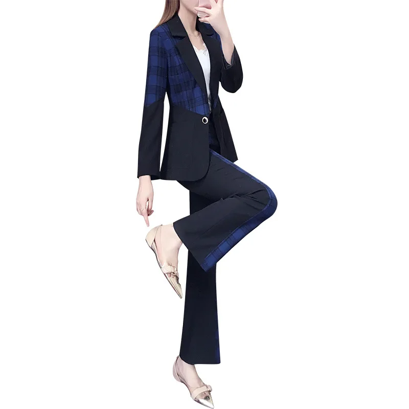 Women's suit plaid suit 2019 new autumn fashion temperament commute OL professional suit wide leg pants two-piece