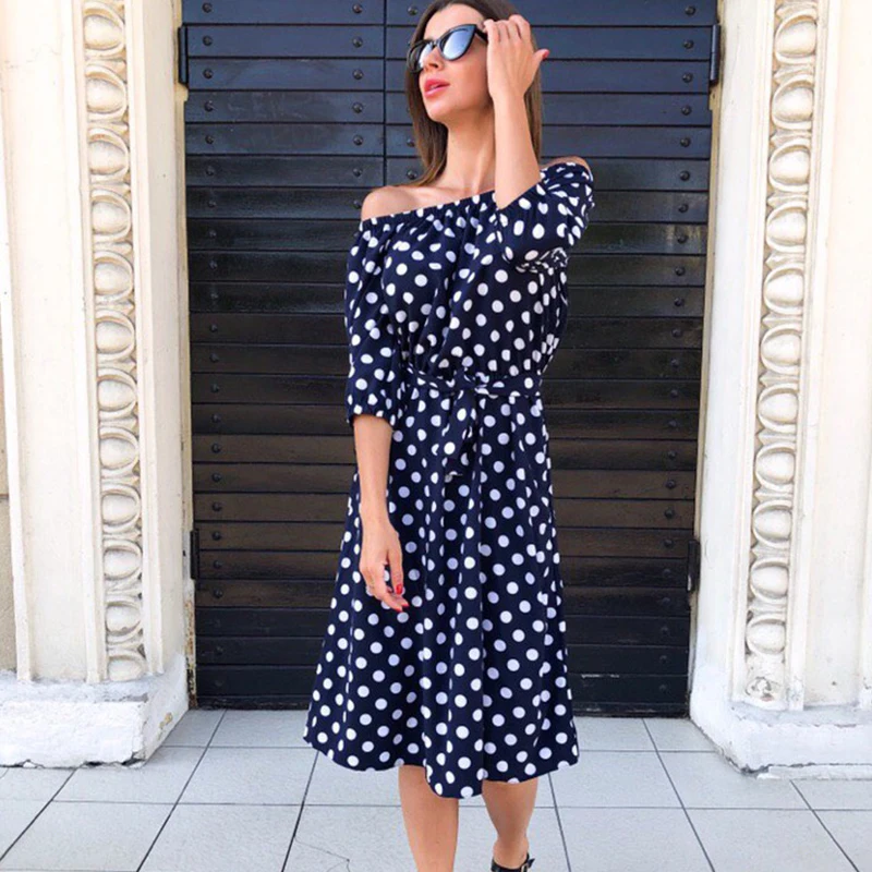 Женское винтажное вечернее платье в горошек с открытыми плечами рукава до локтя