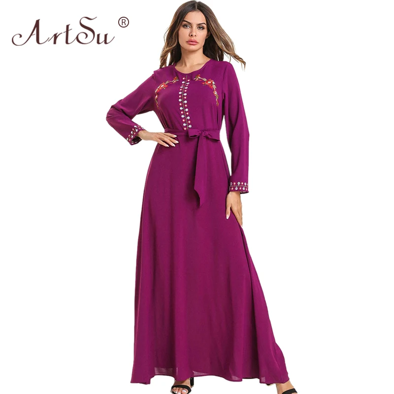 Женское платье макси с цветочной вышивкой ArtSu повседневное фиолетовое