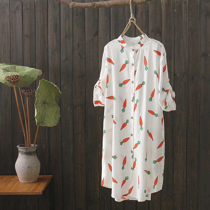 Женская блузка с принтом моркови длинная рубашка воротником стойкой и рукавом до