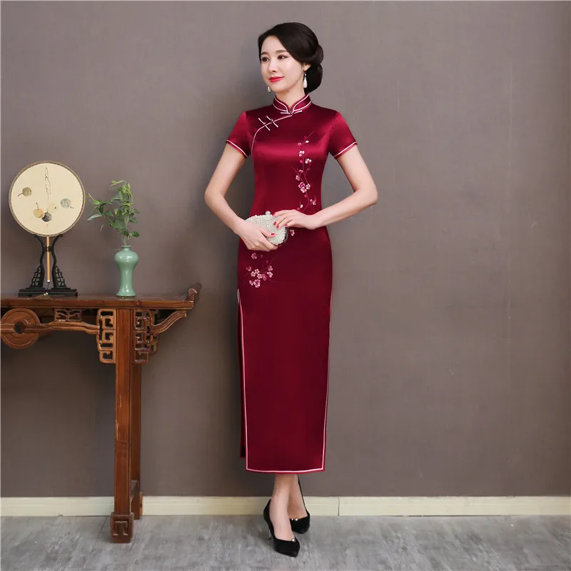Бургундия вышивка цветочный длинный Cheongsam Традиционный цветок шелк Qipao для женщин сексуальный Сплит Vestidos китайский стиль женское платье