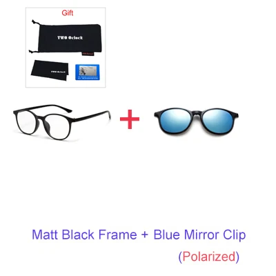TWO Oclock Magnet Sunglass Women Men Polarized Lens Optical Spectacle Frame Clip On Glasses Men Round TR90 3D Night Vision A2245 - Цвет линз: 1 Frame 1 Blue Clip