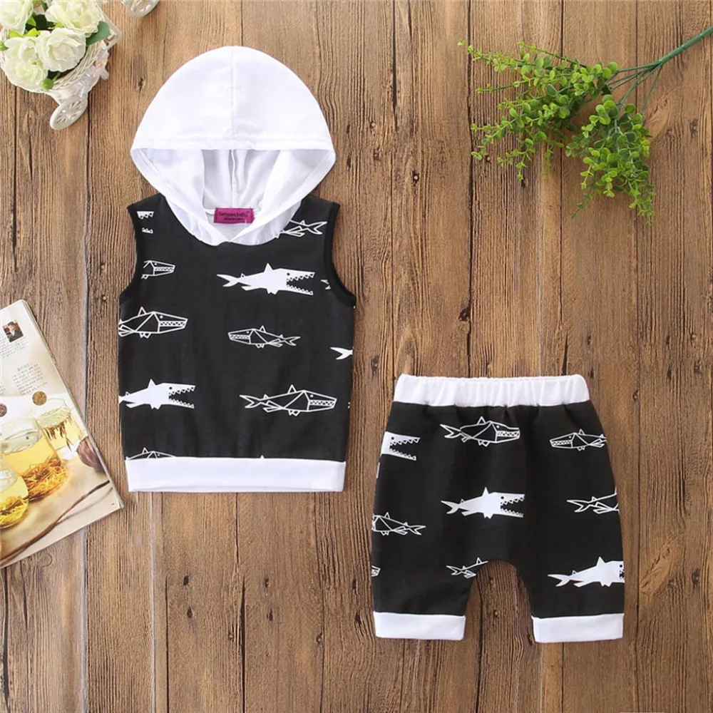 Fashion 2019 Baby Boy Shark Print Tops Shorts Sets Hooded Shirt Kids Clothes Summer Clothing Ninjago Costume Dropshipping 2 |