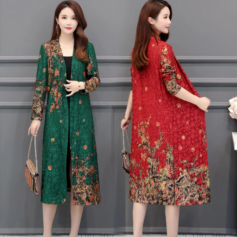 Ветровка женская длинная пальто выше колена кардиган с принтом в этническом