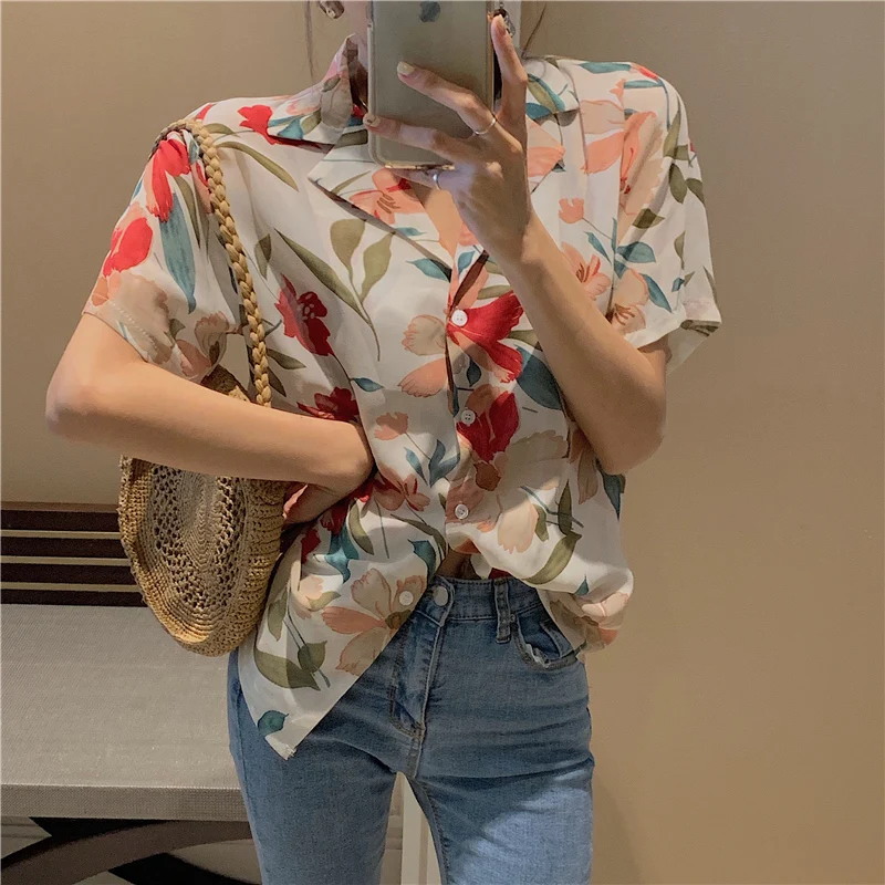 

Womens Tops And Blouses Flower Printed Fashion Shirts Short sleeve Vintage Ladies Plus Size 2019 striped Blusa Feminina
