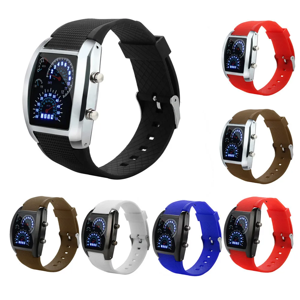 Модные мужские часы со светодиодной подсветкой спидометр Turbo спортивные с