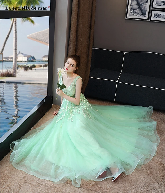 Vestidos fiesta boda, новинка, сексуальное платье с v-образным вырезом, Тюлевое, Персиковое, Мятное, зеленое, Персиковое, розовое, длинное платье подружки невесты